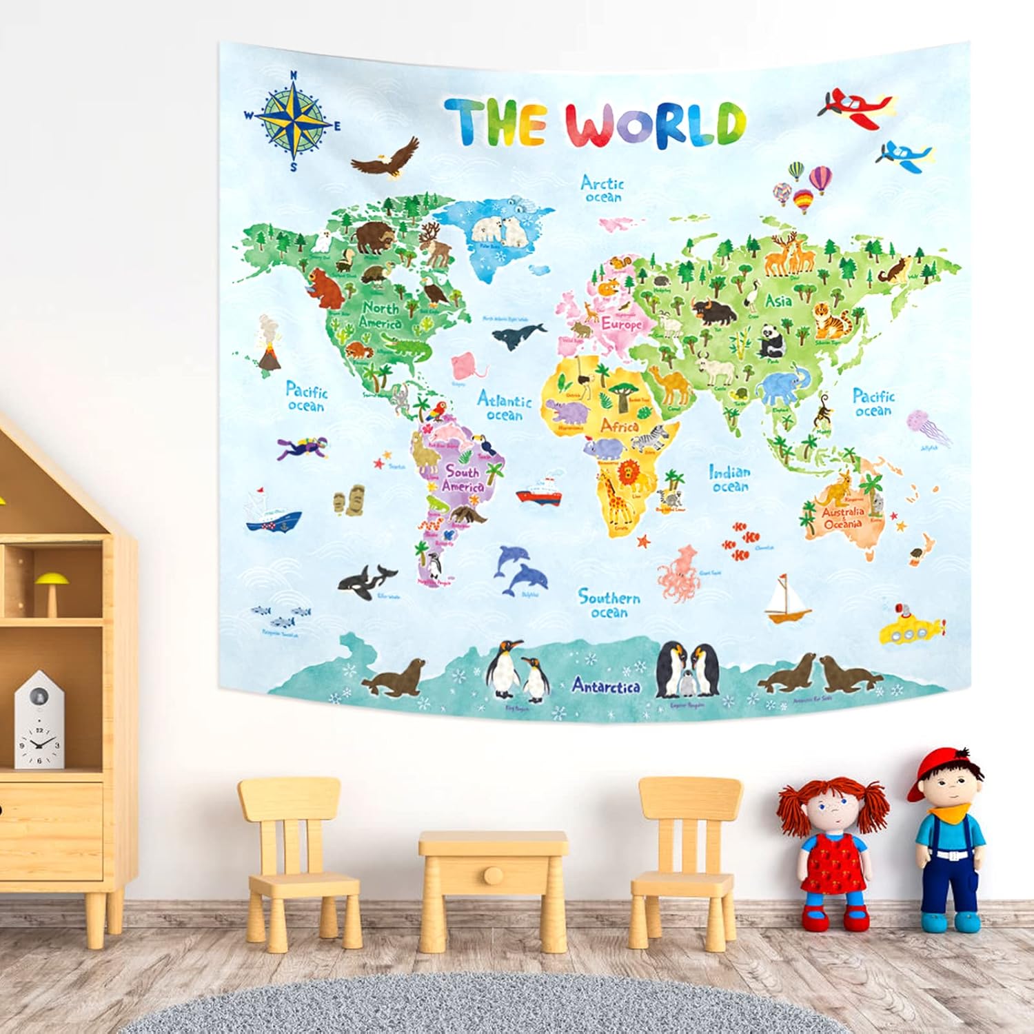 Kids Education World - Kids World Map Wall Tapestry Educational